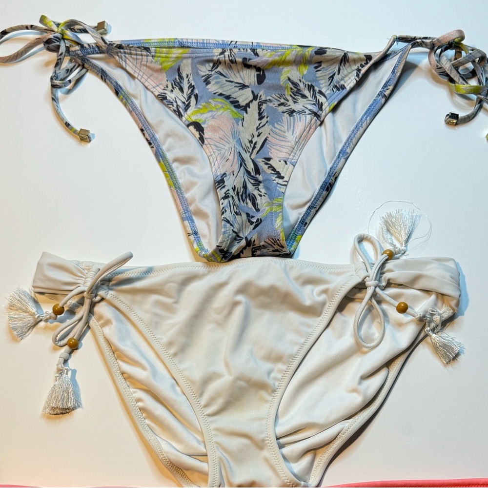Lot of 2 Victoria's Secret Swim Bikini Bottoms Sz Large White Tropical Side Tie